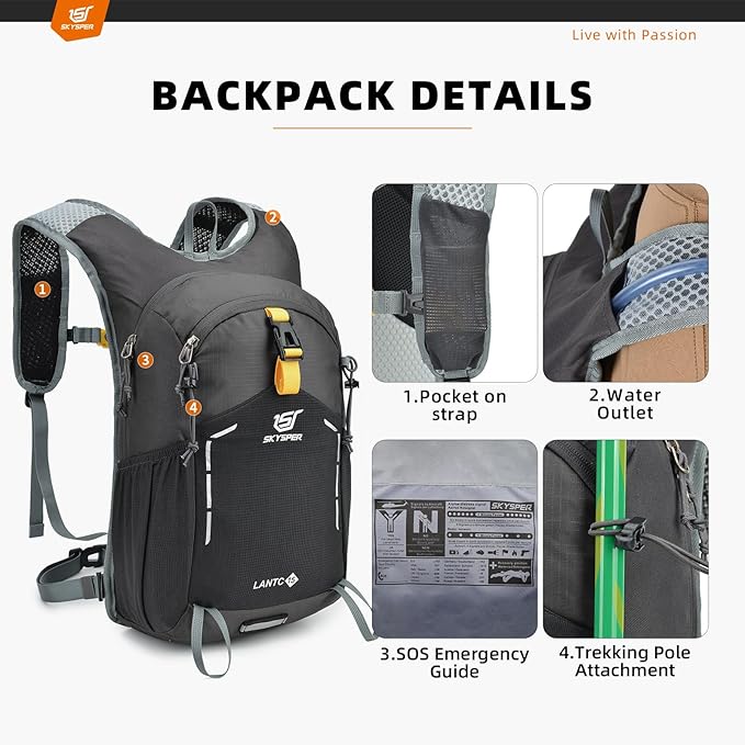 SKYSPER Small Hiking Backpack - 15L Travel Daypack Lightweight Bag Water Resistant Hiking Backpacks for Women Men