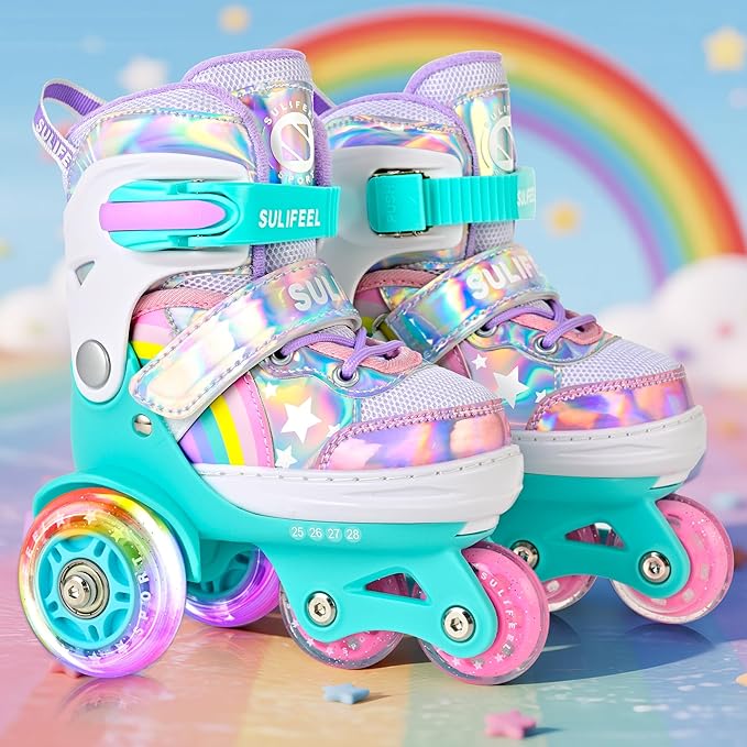 SULIFEEL Rainbow Unicorn 4 Size Adjustable Light up Roller Skates for Girls Boys for Kids