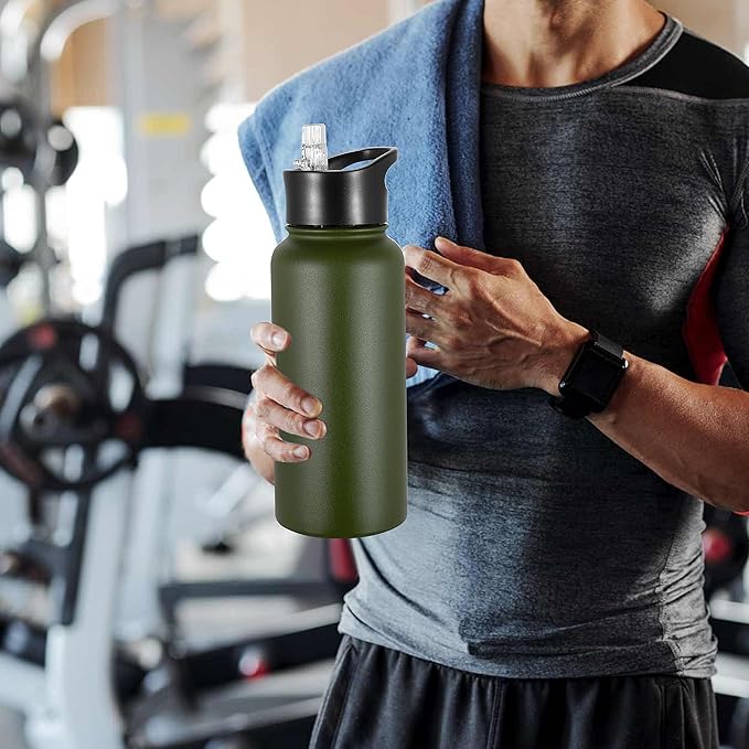 VEGOND 32 oz Insulated Water Bottle Bulk Stainless Steel Metal Water Bottles with Leak Proof Straw Lid & Spout Lid, Wide Mouth Double Walled Vacuum Travel Sports Bottle, 8 Pack