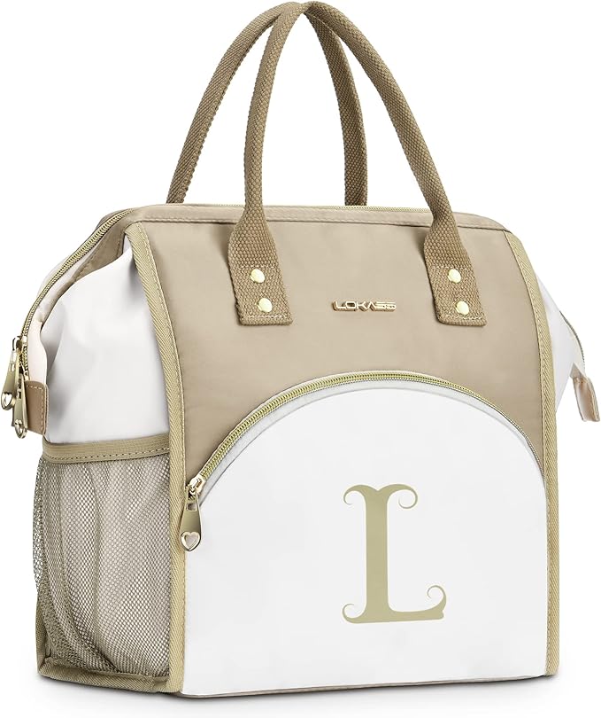 Personalized Lunch Box for Women, Initial Reusable Insulated Lunch Bag, Wide-Open Adult Lunchbox Cooler Lunchbag, Leakproof Lunch Tote for Picnic Work Outdoors, Christmas Gift for Women, Brown - L