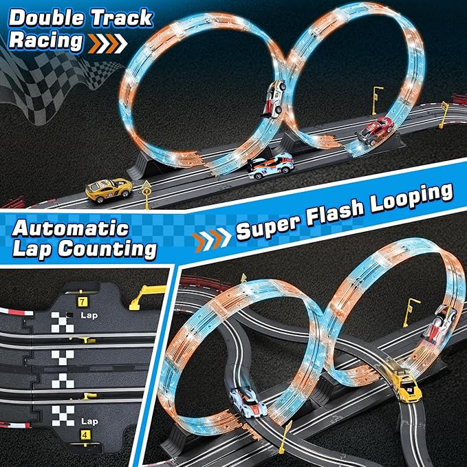 Boy Toys Gifts for 6 7 8-12 Years Old, Slot Car Race Track Sets with 4 Slot Cars, Battery or Electric Car Track with Flash Light, Dual Racing Game Lap Counter Circular Overpass Track Gifts for Kids