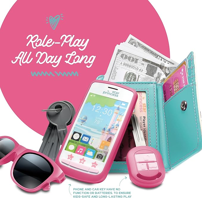 Little Girls' Play Purse - Pretend Play Accessories: Toy Phone, Wallet, Credit Cards, Keys, Makeup for Role Playing, Ages 3-8