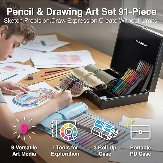 COLOUR BLOCK 91pc Drawing Pencil Set, Sketching, Coloring, Charcoal Pencils, Soft Pastels, Sketch Book, Travel Friendly Art Supply Kit for Kids Teens and Adults