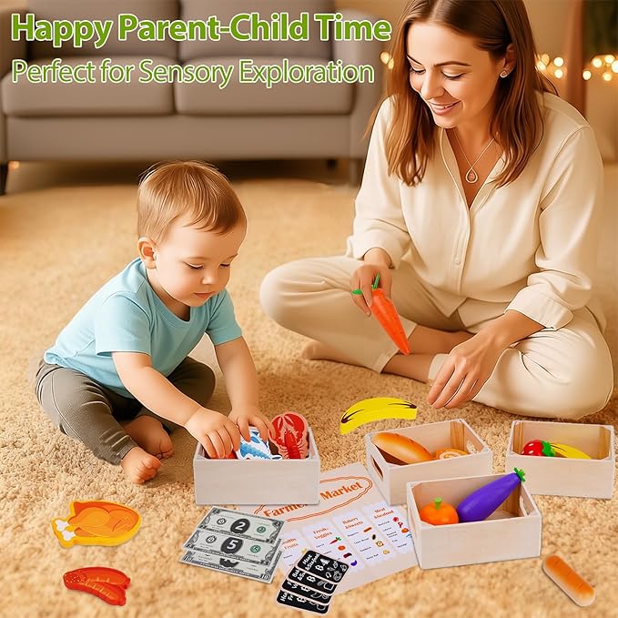 KMTJT Wooden Play Food for Toddlers 1-3 | 46 PCS Toy Food with Play Money for Pretend Play Kitchen Accessories | Wood Play Fake Food Sorting Toys for 12-18 Months Boys Girls | 1st Birthday Gifts