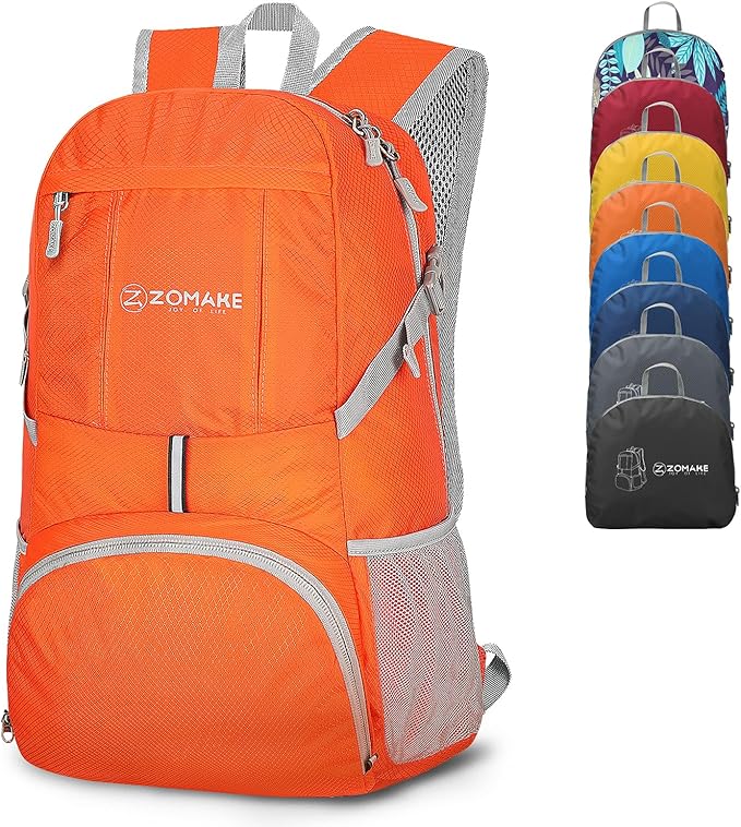ZOMAKE Lightweight Packable Backpack 35L, Light Foldable Backpacks Water Resistant Collapsible Hiking Bag, Compact Folding Day Pack for Travel Camping(Orange)