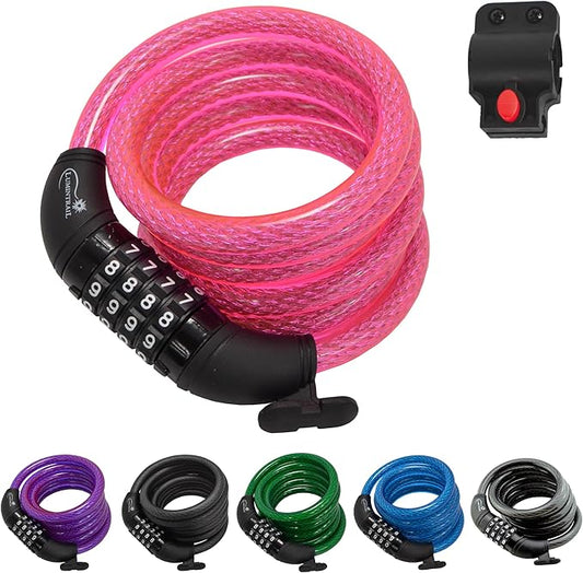 Lumintrail Combination Bike Lock Cable - 6ft Bike Locks Heavy Duty Anti Theft with Combinations - Bike Cable Lock Combination with Mounting Bracket (1 Pack, Pink)
