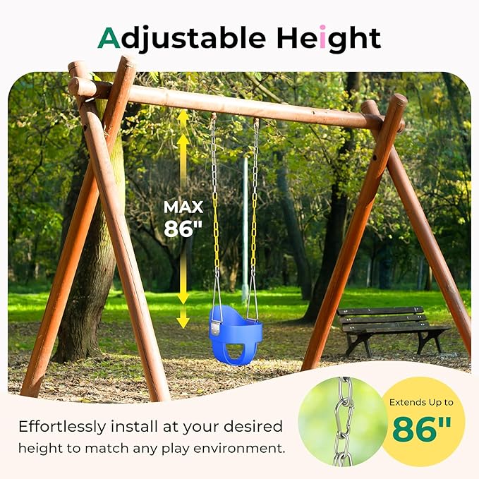 DECORLIFE Toddler Swing Seat, Outdoor Baby Swing with Coated Chains, Heavy Duty High Back Full Bucket Swing Chair with Ant-Loosening Carabiners, Fully Assembled Swingset Accessories for Backyard, Blue