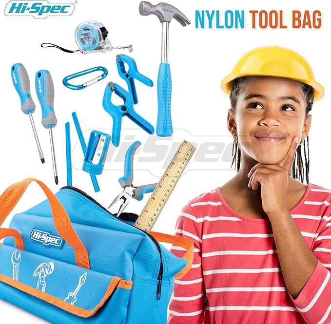 Hi-Spec 18pc Blue Kids Tool Kit Set & Child Size Tool Bag. Real Metal Hand Tools for DIY Building, Woodwork & Construction
