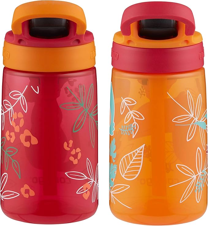 Contigo Aubrey Kids Water Bottle with Silicone Straw and Spill-Proof Lid, 14 oz, 2 Pack, Cheetahs & Toucans