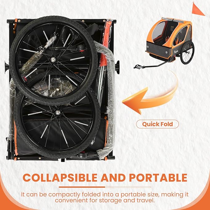 Sepnine Kids Bike Trailer, 2 in1 Canopy Carrier Converts to Pushcart Suitable for 1 to 2 Toddlers, Kids, Quick Attach to Bike, Foldable, with 5-Point Harness and Storage Bags