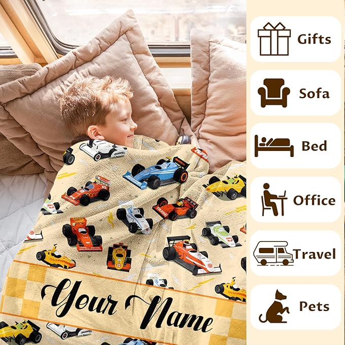 Personalized Cars Blankets for Boys, Custom Racing Car Blanket Gifts with Name for Cars Lovers, Yellow 30x40 Inches Cute Soft Fuzzy Throws for Couch, Sofa & Bed