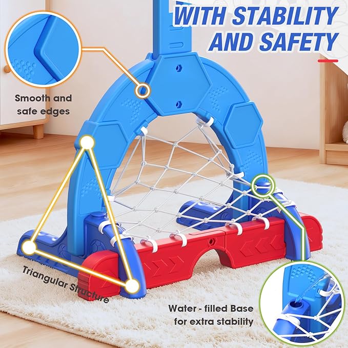 Toddler Basketball Hoop, 3-in-1 Sports Activity Center with Soccer Goal, Golf Game, 5 Height Adjustable Kids Basketball Hoop, Indoor Outdoor Playset Toys Gifts for Boys Girls 3-5, Blue