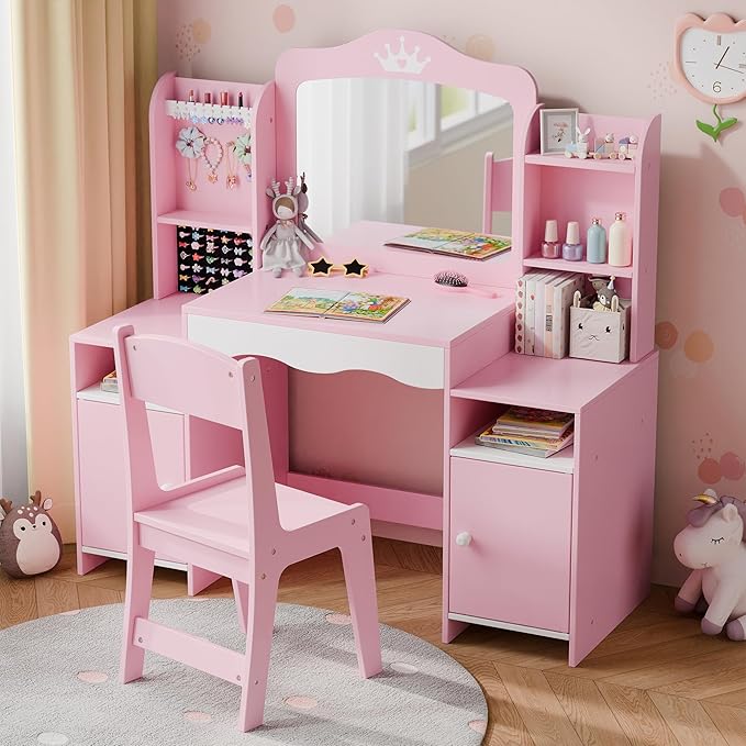 Kids Vanity, Girl Vanity Set with Storage Cabinet & Open Shelf, 2 In 1 Kids Vanity Table and Chair Set with Jewelry Storage, Princess Toddler Makeup Vanity with Mirror for Little Girls (Pink)