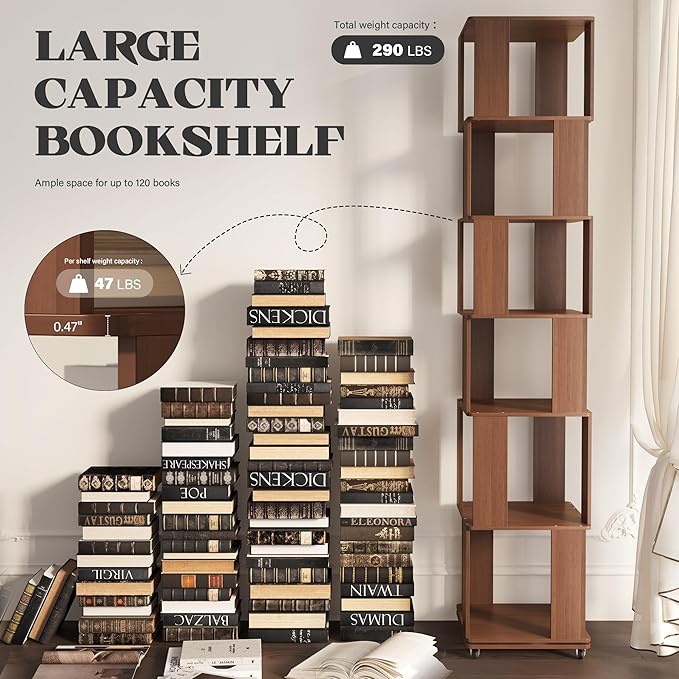 6 Tier Solid Wood Rotating Bookshelf Tower on Wheels, 360° Upgrade Spinning Book Shelf, Revolving Bookcase Organizer, Swivel Bookshelves for Small Spaces, Corner, Bedroom, Kids Room, Office (Walnut)