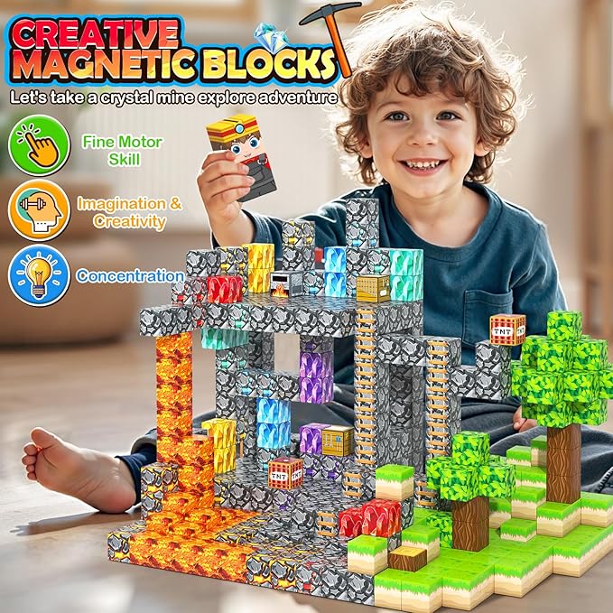 100PCS Magnetic Blocks Building Toys, STEM Learning Sensory Toys for Kids Age 3-5 4-8 5-7 8-12, Gem Cave Adventure Mine Magnet World Craft, Christmas Game Gift for for 3+ Years Old Boys Girls(0.8")