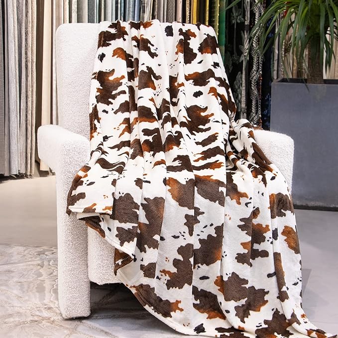 GEULAY Cow Print Fleece Blanket - Brown White Plush Throw, Lightweight Bed Couch Decor, Cute Cow Gifts for Women, Girls, Teens 50"x60"
