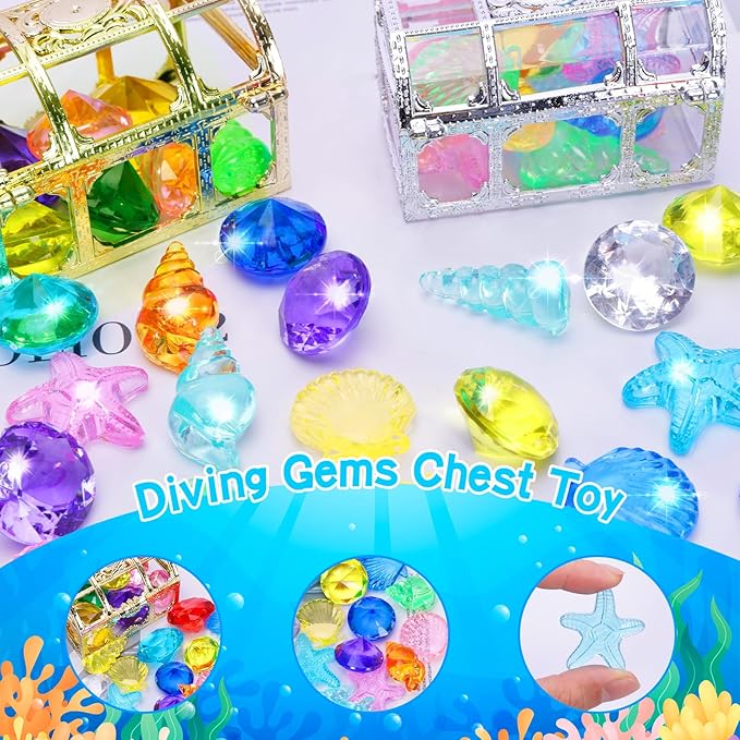 MGparty 24pcs Diving Gem Pool Toys Colorful Diamonds Set with Pirate Treasure Chest Summer Toy Underwater Swimming Toys for Boys and Girls Pool Games Water Toys