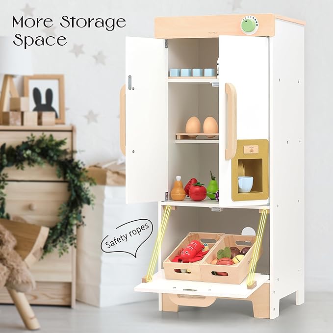 PairPear Wooden Toy Fridge for Kids Kitchen, Toddler Pretend Play Refrigerator with Real Ice‑Drop, Magnetic Stickers, Kids Toy Food Play Kitchen Accessory Gift for Boys & Girls Age 3+