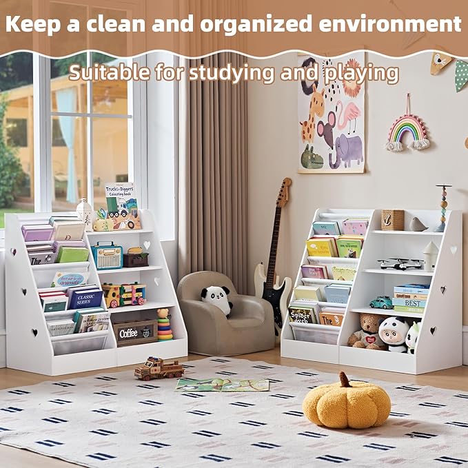 Lerliuo 4 Tier Kids Bookshelf and Storage Organizer, Five Layer Sling Children Bookcase, Baby Toddler Wooden Book Shelf, Display Cabinet for Playroom, Bedroom, Classroom, Nursery, School (White)