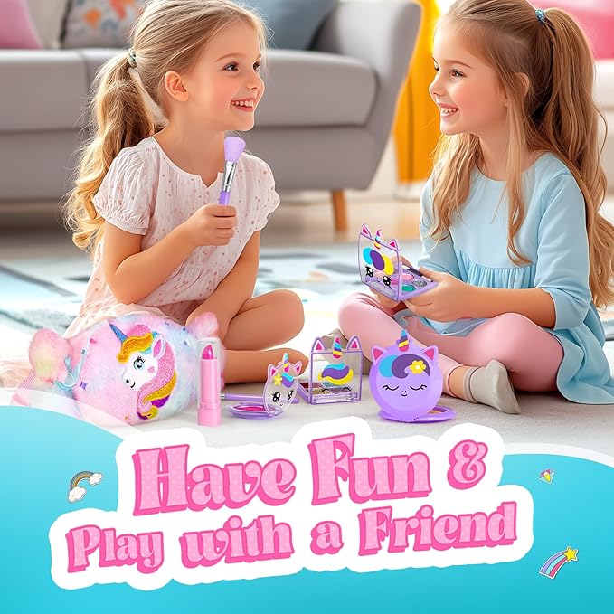 ULOVEME Kids Real Makeup Kit for Girls with Fluffy Purse - Real, Non Toxic, Washable Make Up Toy - Umicorn Toys Gift for 3 4 5 6 7 8 Years Old Girls Birthday