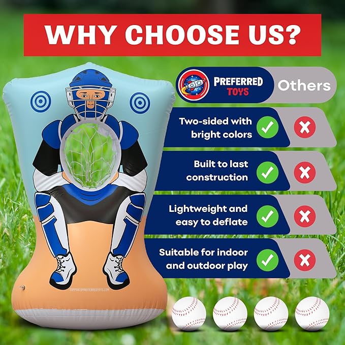 Inflatable Baseball Pitching Target for Kids, Double-Sided Outdoor & Indoor Baseball Training Toss Game, Includes 4 Balls, Air Pump, & Patch Kit
