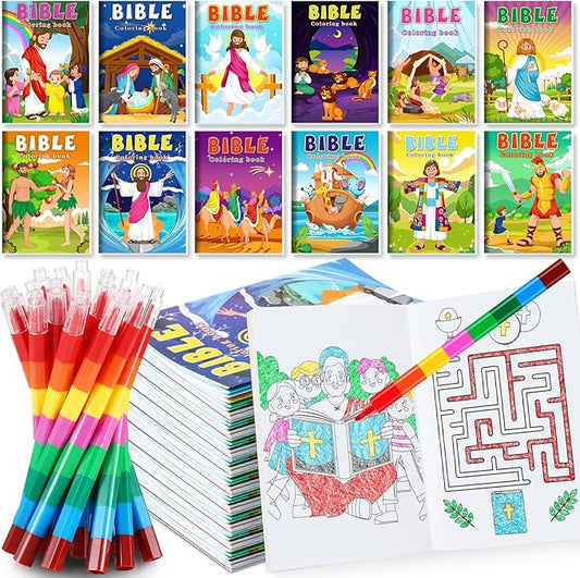 BenLouis 12 Christian Mini Coloring Books Kids with 12 Stacking Crayons Bible Verse Religious Party Favors Small Activity Books Bulk for Kids Sunday School Christmas Party Gift Goodie Bag Stuffers