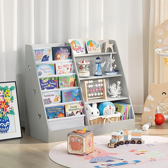 Lerliuo 4 Tier Kids Bookshelf and Storage Organizer, Five Layer Sling Children Bookcase, Baby Toddler Wooden Book Shelf, Display Cabinet for Playroom, Bedroom, Classroom, Nursery, School (Grey)