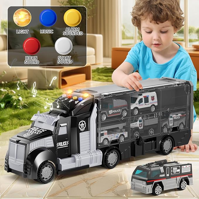 Police Trucks Toy Set with Play Mat, Carrier Truck Play Vehicles Set for 3 4 5 6 Years Old Boys Kids, Die-Cast Car Toy for Toddlers 3-4 Years, Birthday Gifts Toys for 3-9 Year Old Boys