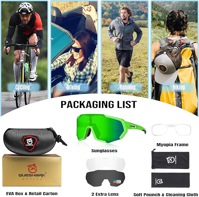 Queshark Cycling Glasses, Sports Sunglasses for Men Women, 1 Polarized 2 HD Lens, Polarized Sunglasses for Cycling Running