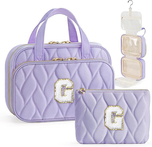 YOOLIFE Travel Toiletry Bag for Women - Hanging Toiletry Bag Initial Makeup Bag, Portable Toiletries Cosmetic Bag, Airplane Travel Essentials Purple - G