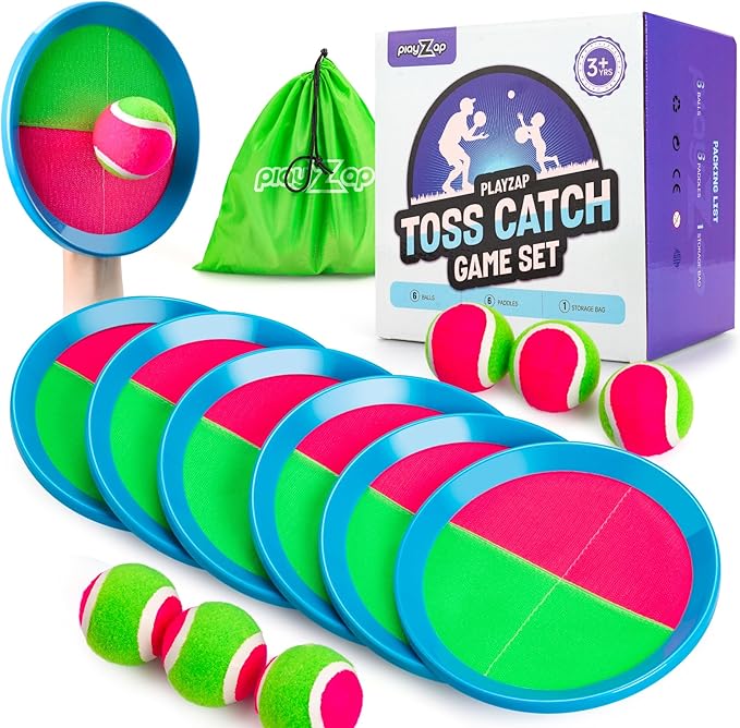 PlayZap Toss and Catch Ball Set Ultra Sturdy ABS- Family Games Christmas Stocking Stuffers Gift for Toddlers Kids Teens Boys Girls 3-5 5-8 8-13+ Yrs - Baseball Toys for Beach Pool Yard Outdoor 6 Pack