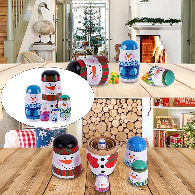 Chirstmas Russian Nesting Dolls, 2 Pack Wooden Handmade Nested Set Matryoshka Dolls, Russian Stacking Dolls Toys for Kids Toddlers Happy Chirstmas Home Decoration Gift(Snowman Nutcracker)