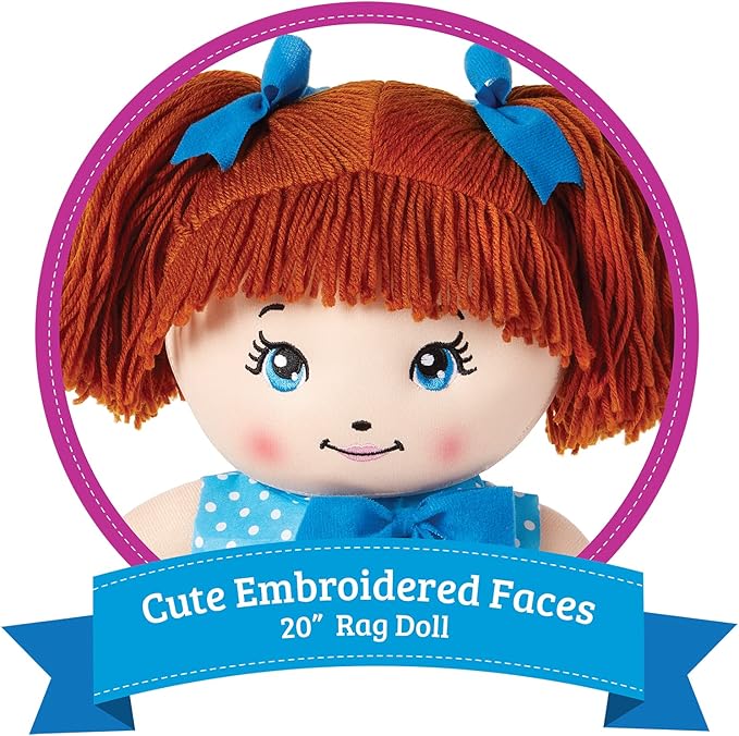 LOVE & HUG 17" Huggable Soft Doll | Stuffed Plush Doll with Blue Dress and Soft Yarn Hair | Baby Doll Toy for Kids and Toddlers to Love and Hug