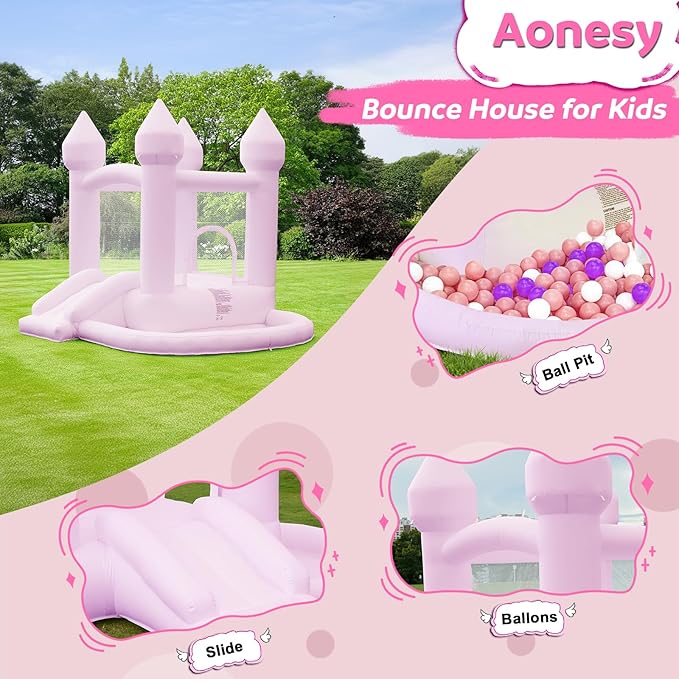 Kids Bounce House, Inflatable Bounce House with Ball Pit & Slide Toddler Bounce House Indoor Portable Fun House Outdoor Bounce House with Blower Moon Bounce Castle for Party 9 * 9 * 7 FT (Pink)
