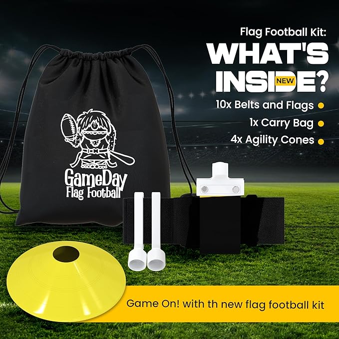 Gameday Flag Football Set – Kits for 2–14 Players w/Belts, Agility Cones & Carry Bag – Available in Multi Colors & Sizes