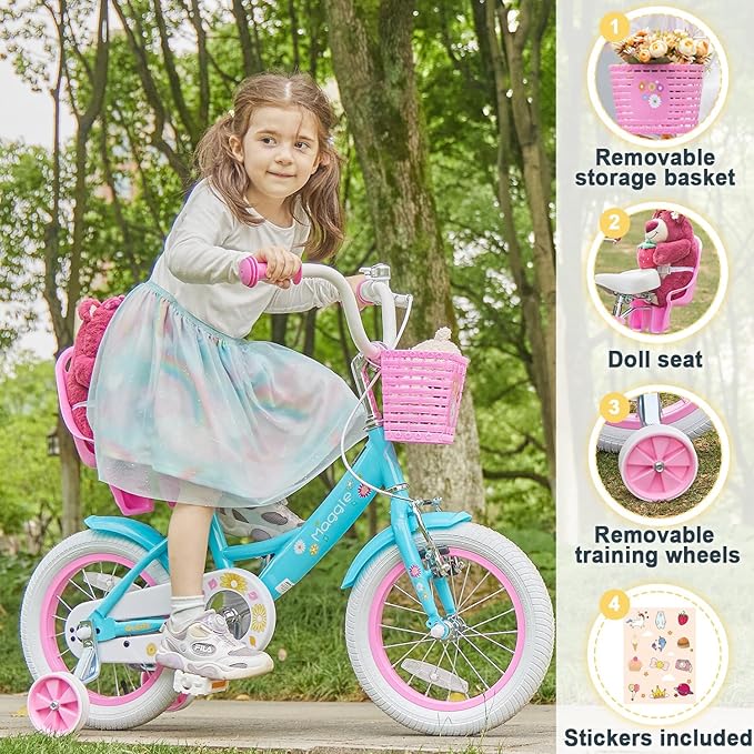 Glerc Maggie Girls Bike, 12-20 Inch Kids Bike for 2-13 Years Old Children, Princess Style Kids Bicycle with Doll-Seat & Basket & Training Wheels, Multiple Colors