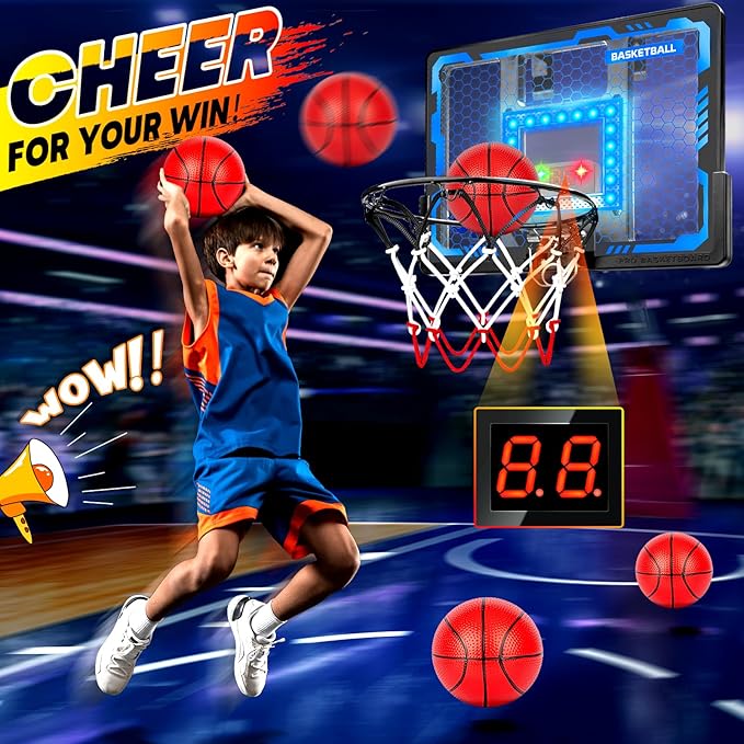 Indoor Basketball Hoop Toy for Kids - Mini Basketball Hoops with Scoreboard&4 Balls, Anti-Impact Backboard&Music Lights, Indoor Outdoor Basketball Sports Toys for Kids 4-8 8-12