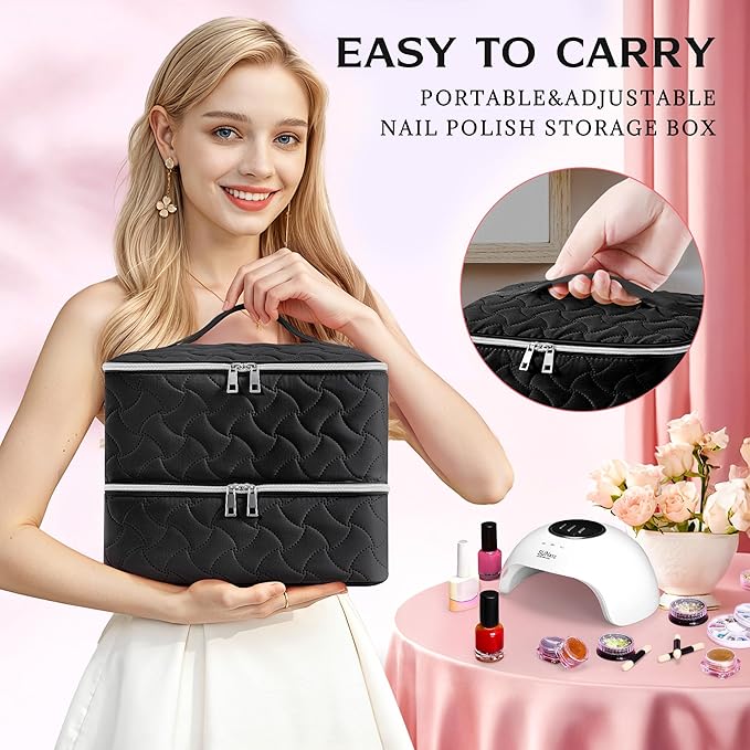 DreamGenius Nail Polish Organizer Case Holds 42 Bottles, Portable Double-Layer Nail Polish Storage Bag with Adjustable Dividers for Manicure Tools, Black