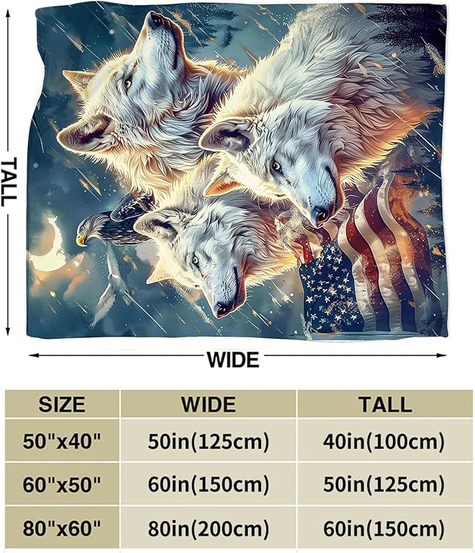 American Wolf and Eagle Throw Blanket With Flag Design - Soft Warm Fleece for Couch, Sofa, Bed - Gift for Women, Men, Girls, Boys - 50"x40"