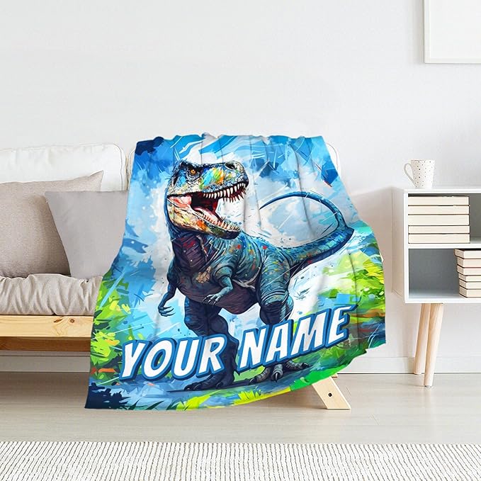 Kids Custom Dinosaur Blankets for Boys - Lightweight Dino Flannel Toddler Personalized Throws and Blanket for Home Crib