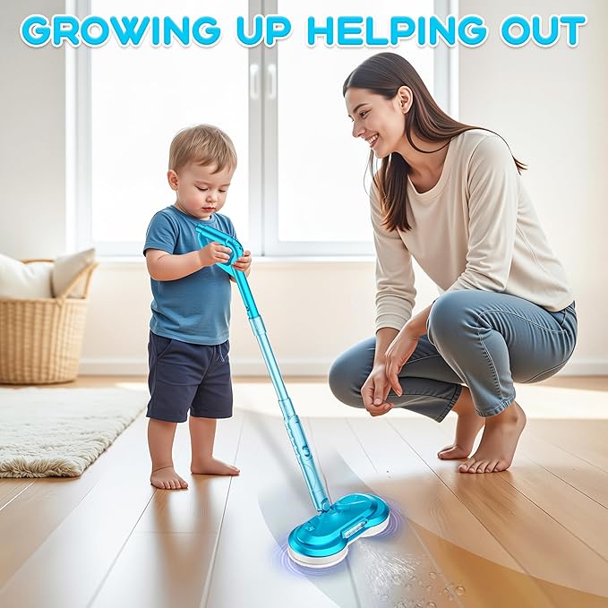 Kids Electric Spin Mop Toy, Rechargeable Cordless Electric Mop W/LED Headlight & Water Sprayer for Children Ages 3 4 5 6+ Boys & Girls, Cleaning Toy for Pretend Play (Light Blue)