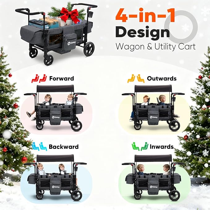 Sekey Wagon Stroller for 2 Kids, Luxury 4-in-1 Stroller Wagon - Premium Quality with Convertible Seats, Adjustable Push Handles, Removable Canopy, Snack Tray & Cooler, US Certified