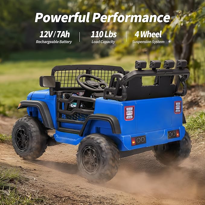 2 Seater Ride on Car Toy, 12V Electric Car for Kids 4-8 with Remote Control, Capacity 110 lb, LED Light - Blue