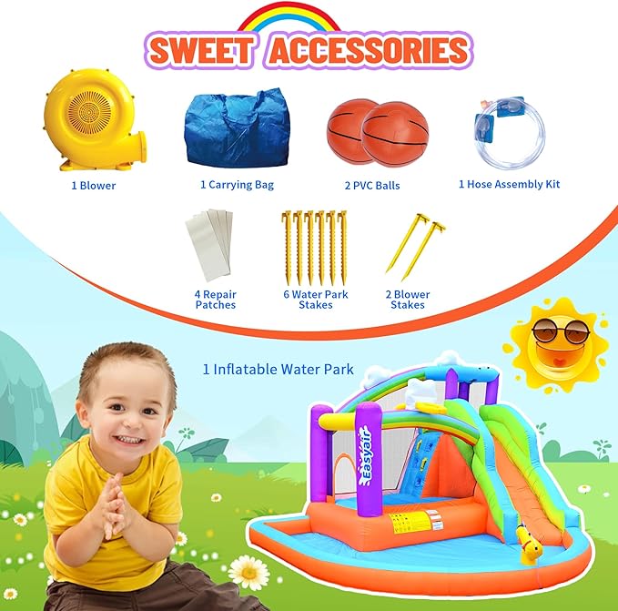 Inflatable Bounce House Water Slide for Kids, Rainbow Cloud Splash Pool, Indoor Or Outdoor Bouncy Castle, Climbing Wall, 2 Basketball Hoops, Included Blower (Orange, 154" L x 144" W x 94" H)