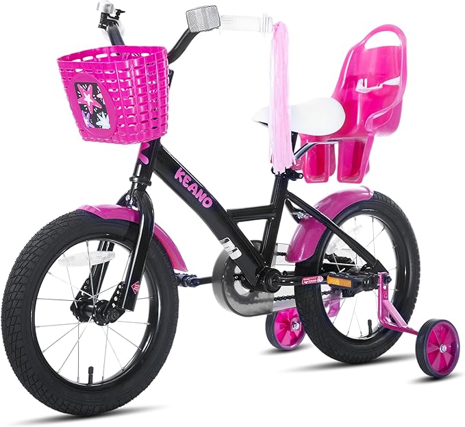 KEANO Zinnia 14 16 20 Inch Kids Bike for Girls Ages 3-10 Years, Girls' Bikes with Training Wheels, Streamers, Basket and Doll Seat, Children Bicycles