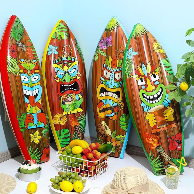 4 Pcs 36 Inch Tiki Inflatable Surf Board Tiki Party Decorations Blow up Surfboard Bar Decorations Inflatable Pool Floats for Hawaiian Luau Tropical Beach Party Supplies Outdoor Decor