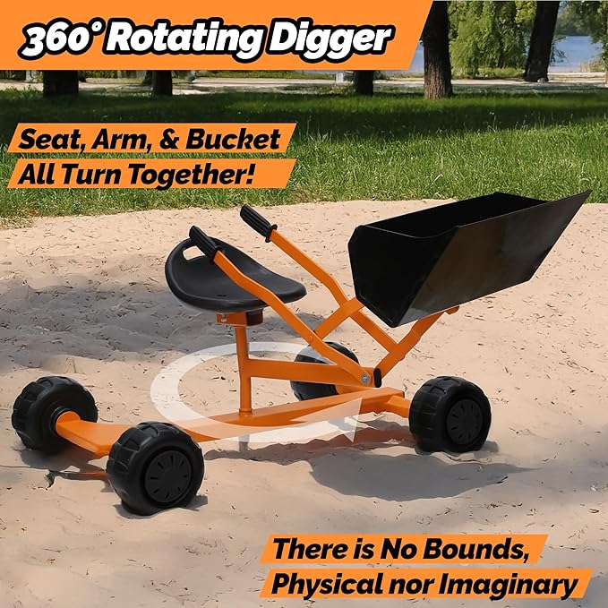 WONKAWOO Sand Digger Original Metal Excavator Bulldozer 360° Seat Ride On Toy for Kids, US Patented Extra Wide Scoop Bucket Design