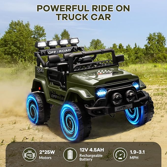 12V Kids Ride-On Truck with Parent Remote Control, Electric Toy Car with Spring Suspension, 3 Speed Modes & LED Lights, Battery Powered Vehicle for Boys Girls Ages 3-8, Green