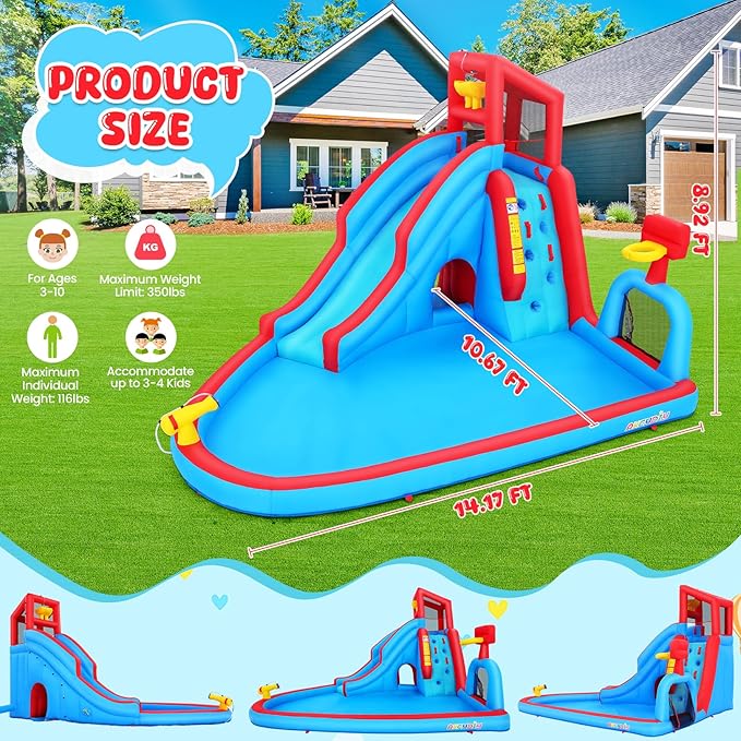 ROOJER Inflatable Water Slide for Kids Backyard 9-in-1 Blow Up Water Park with 470W Blower, Dump Bucket, Adventure Play Tunnel, Splash Pool, Climbing Wall, Cannon, Goal Shooting Zone, Basketball Hoop