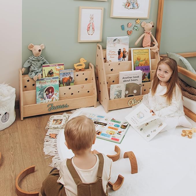 Personalized Montessori Bookshelf for Toddlers, Handmade Wooden Kids Book Organizer, Nursery and Playroom Storage, Custom Name Gift for Baby Shower or Birthday